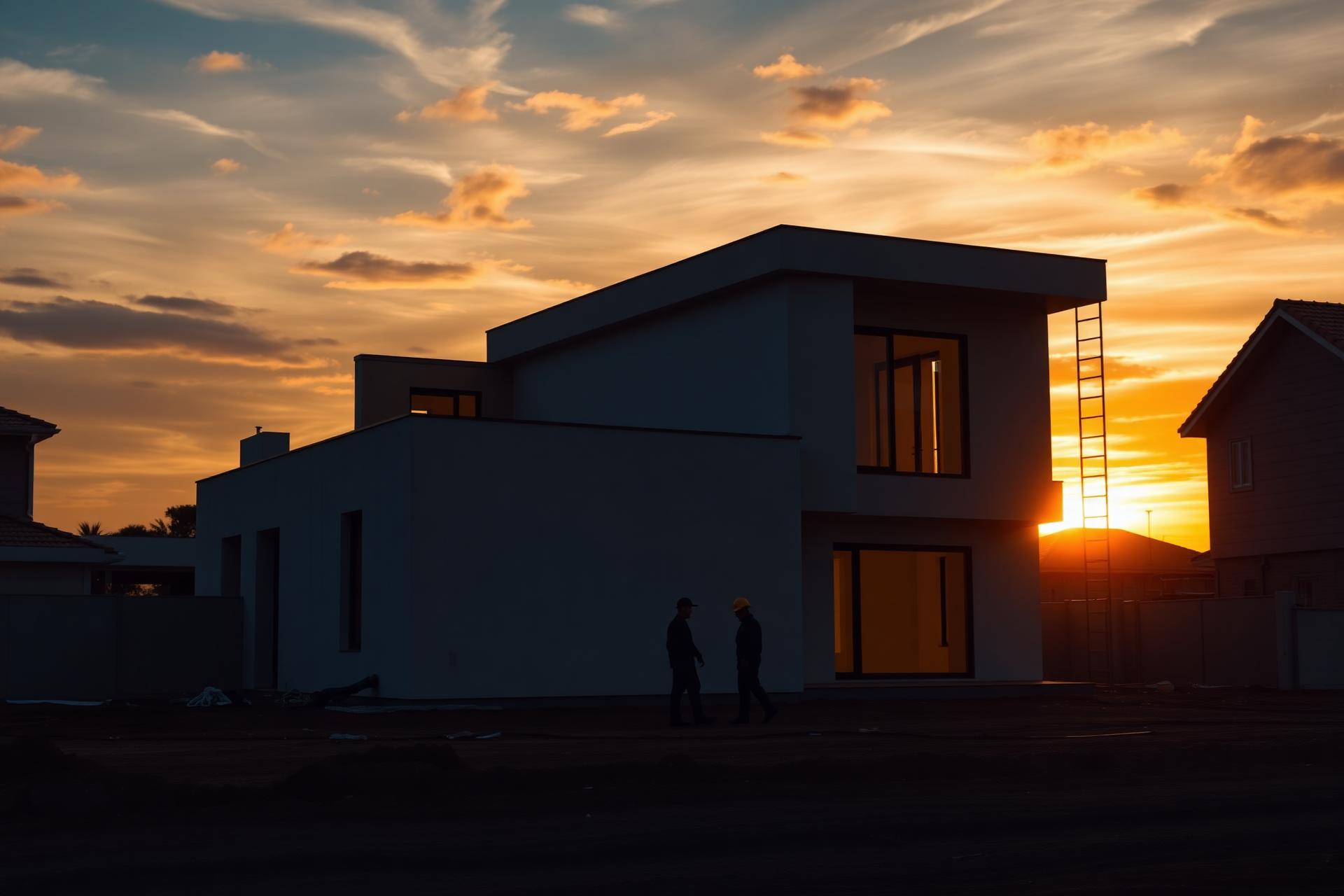 Modern home under construction at sunset